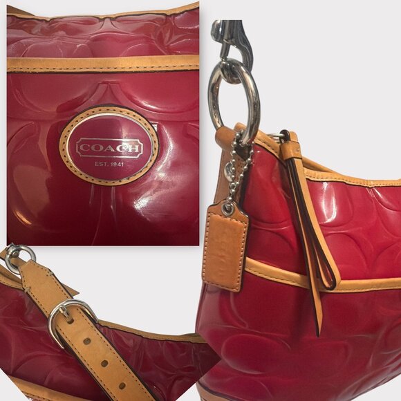 Coach Peyton Embossed C Patent Leather Hobo F20022 Pink Cerise Tan Trim Converts - Picture 7 of 9
